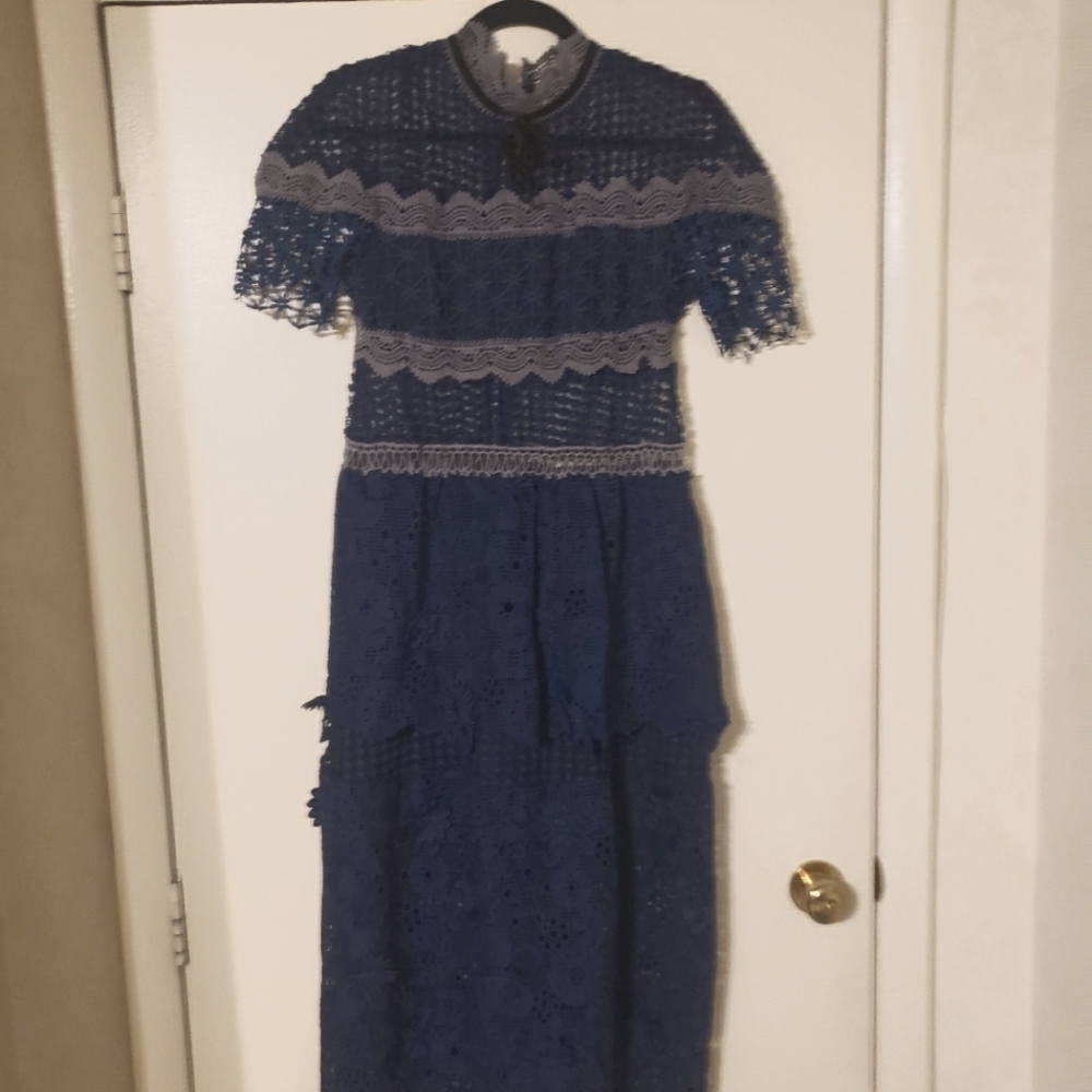 Blue and grey lacey midi dress